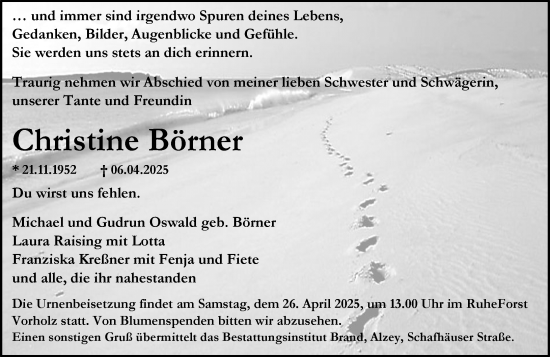 Traueranzeige von Christine Börner von Allgemeine Zeitung Alzey