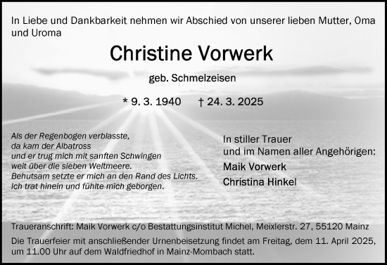 Traueranzeige von Christine Vorwerk von Allgemeine Zeitung Mainz