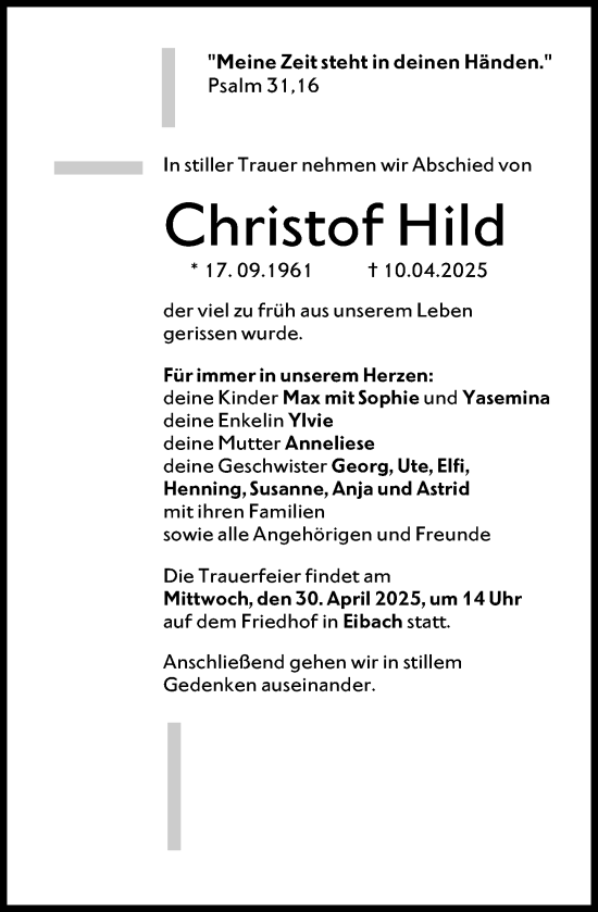 Traueranzeige von Christof Hild von Dill Block