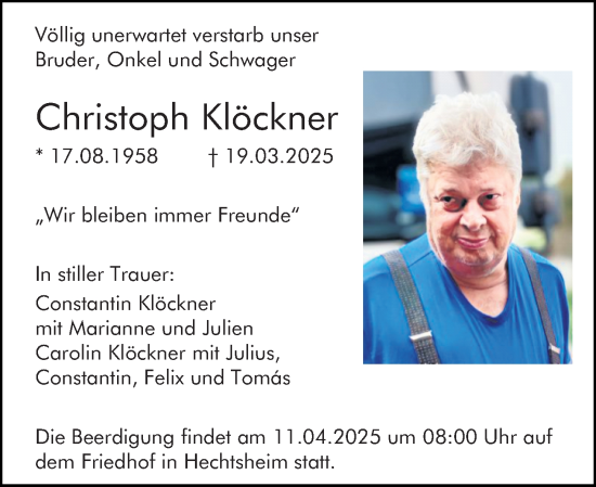 Traueranzeige von Christoph Klöckner von Allgemeine Zeitung Mainz