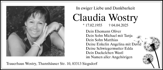 Traueranzeige von Claudia Wostry von Allgemeine Zeitung Mainz