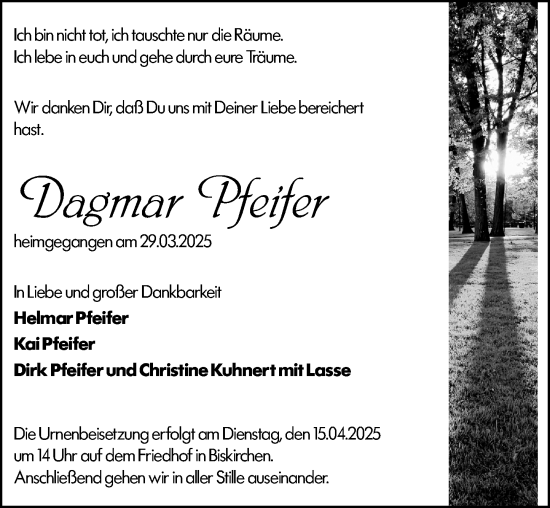 Traueranzeige von Dagmar Pfeifer von Wetzlarer Neue Zeitung