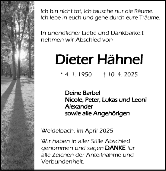 Traueranzeige von Dieter Hähnel von Dill Block