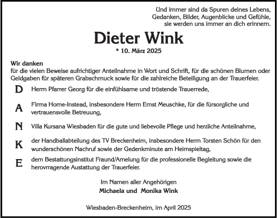 Traueranzeige von Dieter Wink von Wiesbadener Kurier