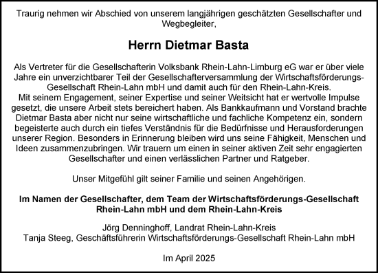Traueranzeige von Dietmar Basta von Idsteiner Land/Untertaunus