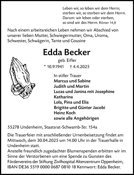 Traueranzeige von Edda Becker von Allgemeine Zeitung Mainz