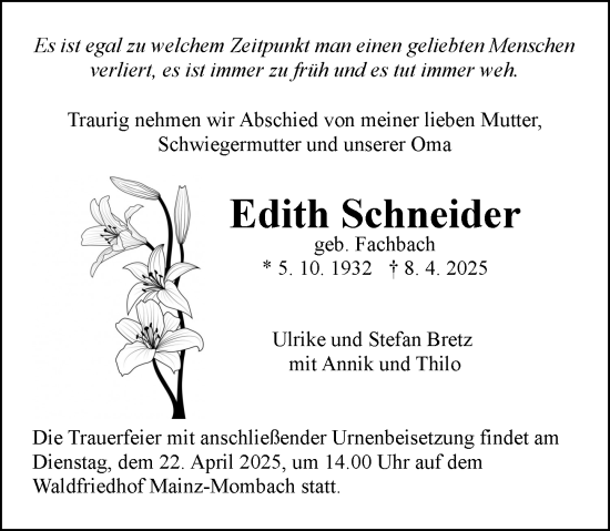 Traueranzeige von Edith Schneider von Allgemeine Zeitung Mainz