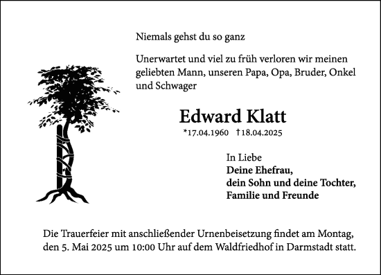 Traueranzeige von Edward Klatt von Darmstädter Echo