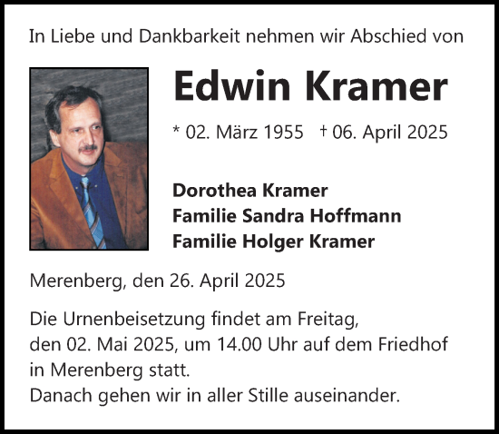 Traueranzeige von Edwin Kramer von Weilburger Tageblatt