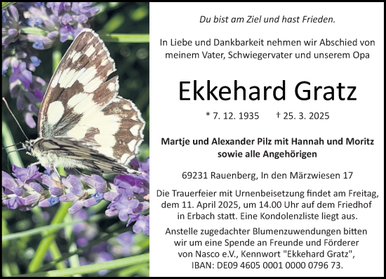 Traueranzeige von Ekkehard Gratz von Odenwälder Echo