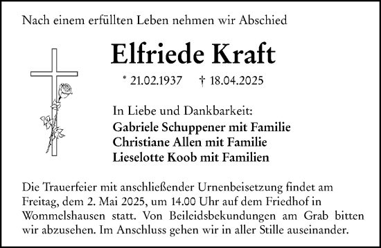 Traueranzeige von Elfriede Kraft von Hinterländer Anzeiger