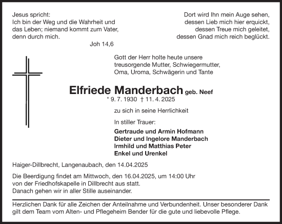 Traueranzeige von Elfriede Manderbach von Dill Block