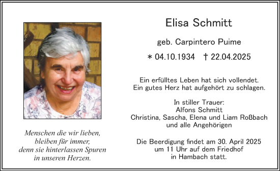 Traueranzeige von Elisa Schmitt von Starkenburger Echo
