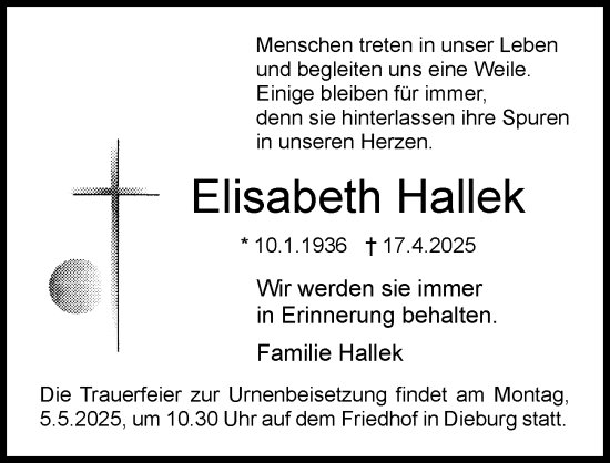 Traueranzeige von Elisabeth Hallek von Dieburger Anzeiger/Groß-Zimmerner Lokal-Anzeiger