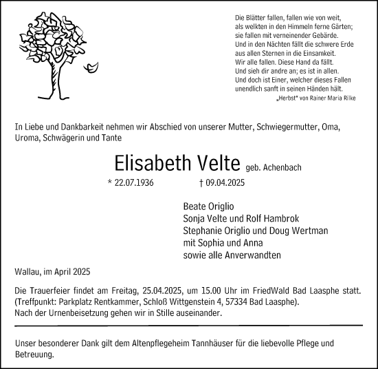 Traueranzeige von Elisabeth Velte von Hinterländer Anzeiger