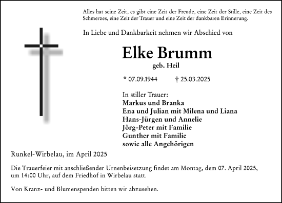 Traueranzeige von Elke Brumm von Weilburger Tageblatt