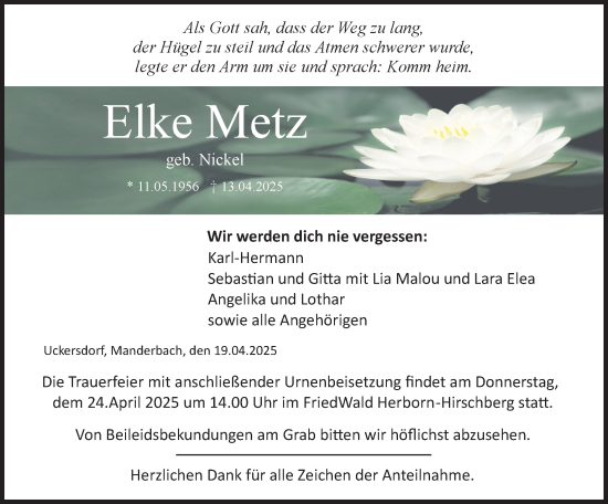 Traueranzeige von Elke Metz von Dill Block