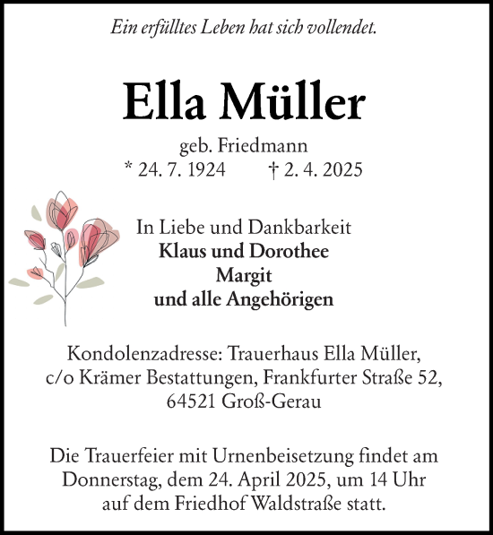 Traueranzeige von Ella Müller von Groß-Gerauer Echo