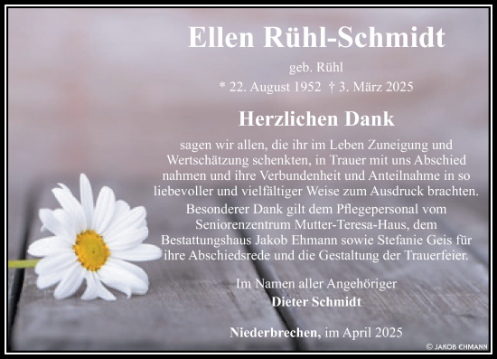 Traueranzeige von Ellen Rühl-Schmidt von Camberger Anzeiger