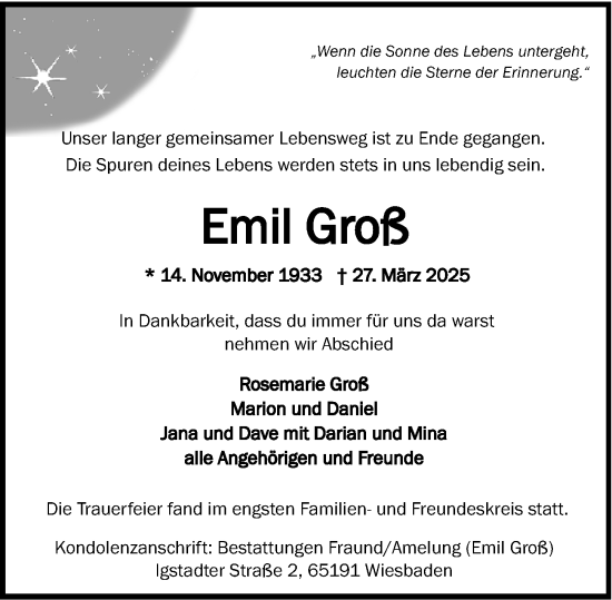Traueranzeige von Emil Groß von Wiesbadener Kurier