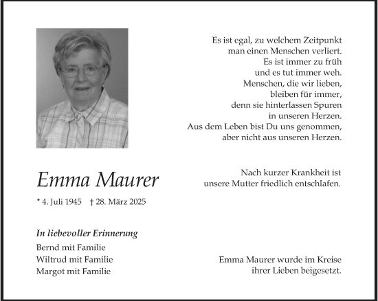 Traueranzeige von Emma Maurer von Allgemeine Zeitung Mainz