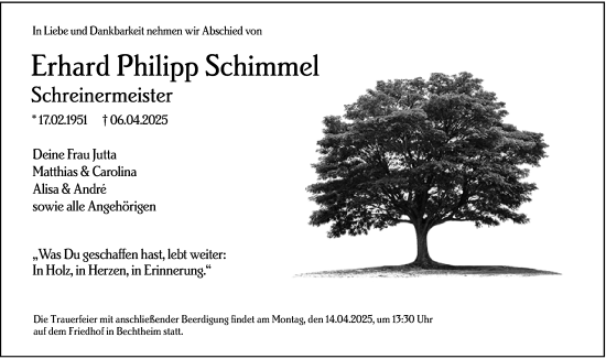 Traueranzeige von Erhard Philipp Schimmel von Wormser Zeitung