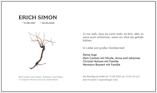 Traueranzeige von Erich Simon von Allgemeine Zeitung Rheinhessen-Nahe