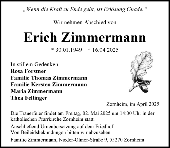Traueranzeige von Erich Zimmermann von Allgemeine Zeitung Mainz