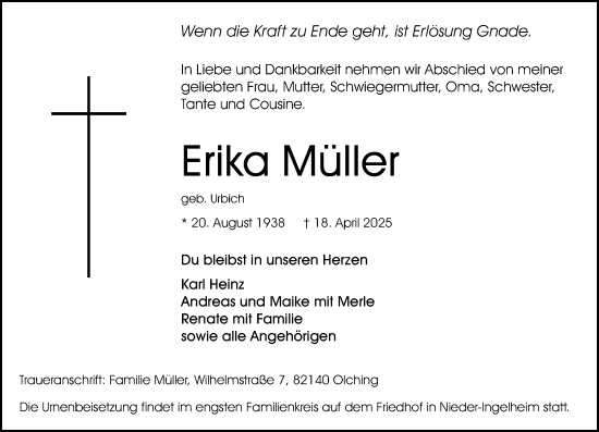 Traueranzeige von Erika Müller von Allgemeine Zeitung Rheinhessen-Nahe