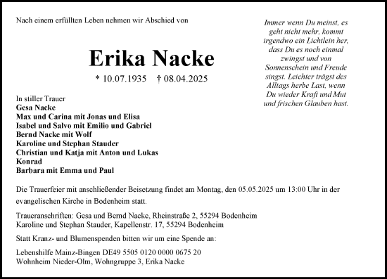 Traueranzeige von Erika Nacke von Allgemeine Zeitung Mainz