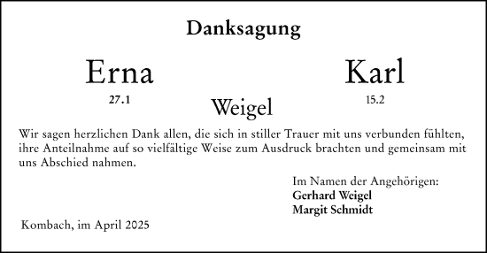 Traueranzeige von Erna Karl von Hinterländer Anzeiger