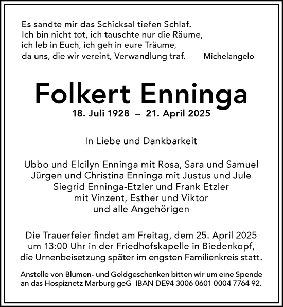 Traueranzeige von Folkert Enninga von Hinterländer Anzeiger