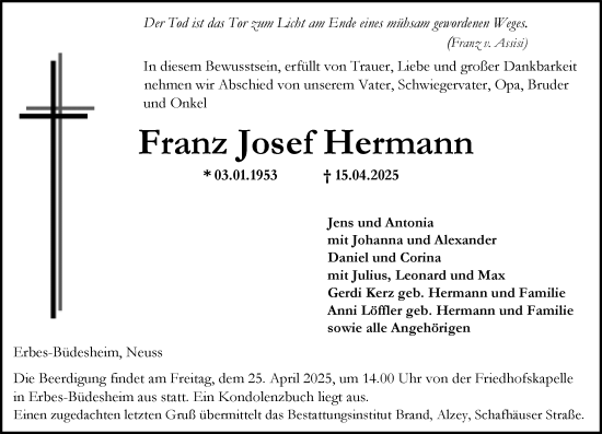Traueranzeige von Franz Josef Hermann von Allgemeine Zeitung Alzey