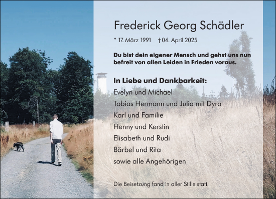 Traueranzeige von Frederick Georg Schädler von Hinterländer Anzeiger