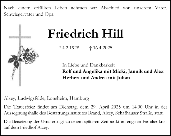 Traueranzeige von Friedrich Hill von Allgemeine Zeitung Alzey