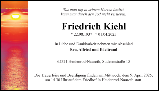 Traueranzeige von Friedrich Kiehl von Wiesbadener Kurier