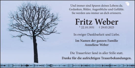 Traueranzeige von Fritz Weber von Wetzlarer Neue Zeitung