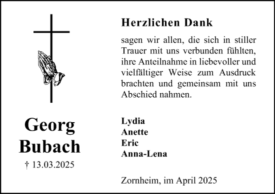 Traueranzeige von Georg Bubach von Allgemeine Zeitung Mainz