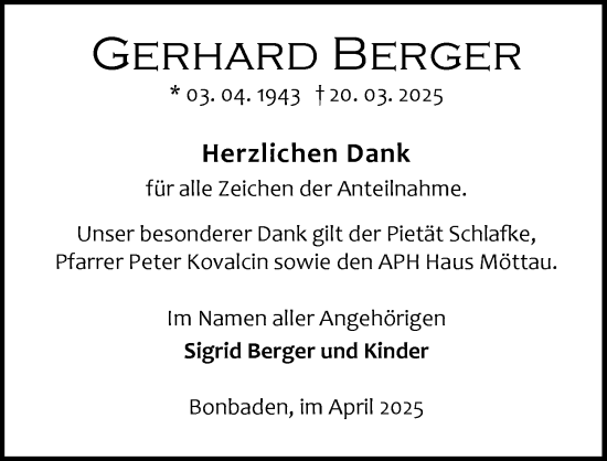 Traueranzeige von Gerhard Berger von Wetzlarer Neue Zeitung