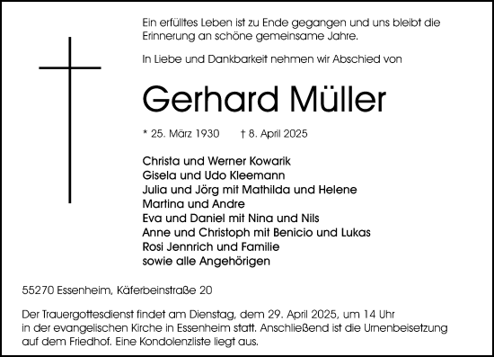 Traueranzeige von Gerhard Müller von Allgemeine Zeitung Mainz