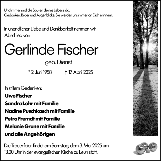 Traueranzeige von Gerlinde Fischer von Weilburger Tageblatt