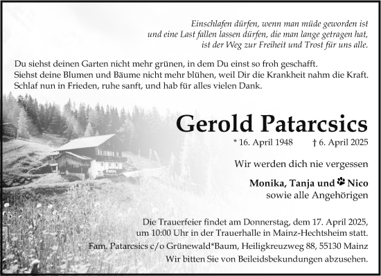 Traueranzeige von Gerold Patarcsics von Allgemeine Zeitung Mainz