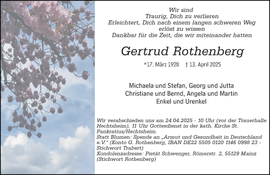 Traueranzeige von Gertrud Rothenberg von Allgemeine Zeitung Mainz
