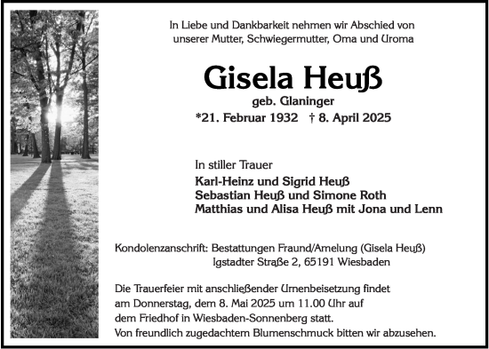 Traueranzeige von Gisela Heuß von Wiesbadener Kurier