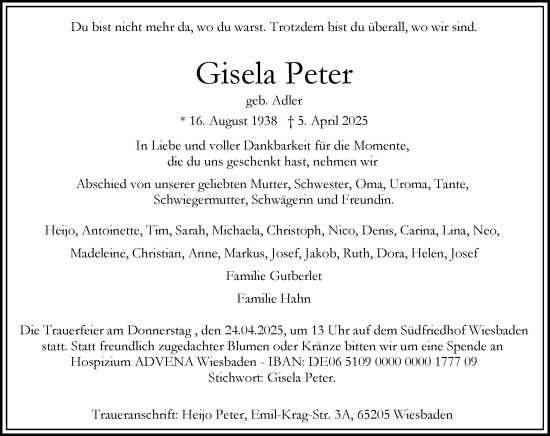 Traueranzeige von Gisela Peter von Wiesbadener Kurier