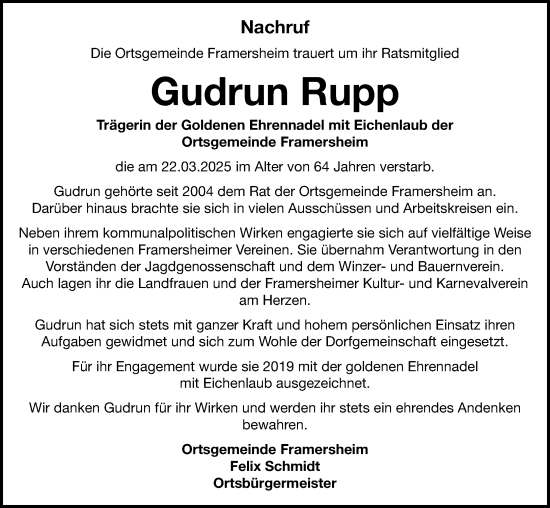 Traueranzeige von Gudrun Rupp von Allgemeine Zeitung Alzey