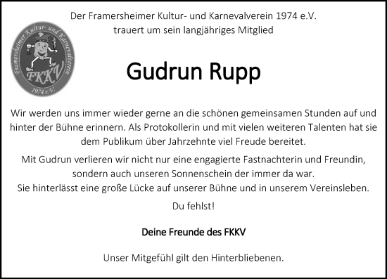 Traueranzeige von Gudrun Rupp von Allgemeine Zeitung Alzey