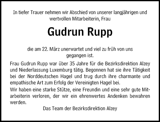 Traueranzeige von Gudrun Rupp von Allgemeine Zeitung Alzey