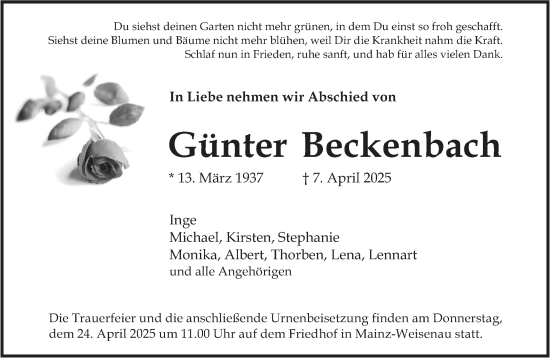 Traueranzeige von Günter Beckenbach von Allgemeine Zeitung Mainz