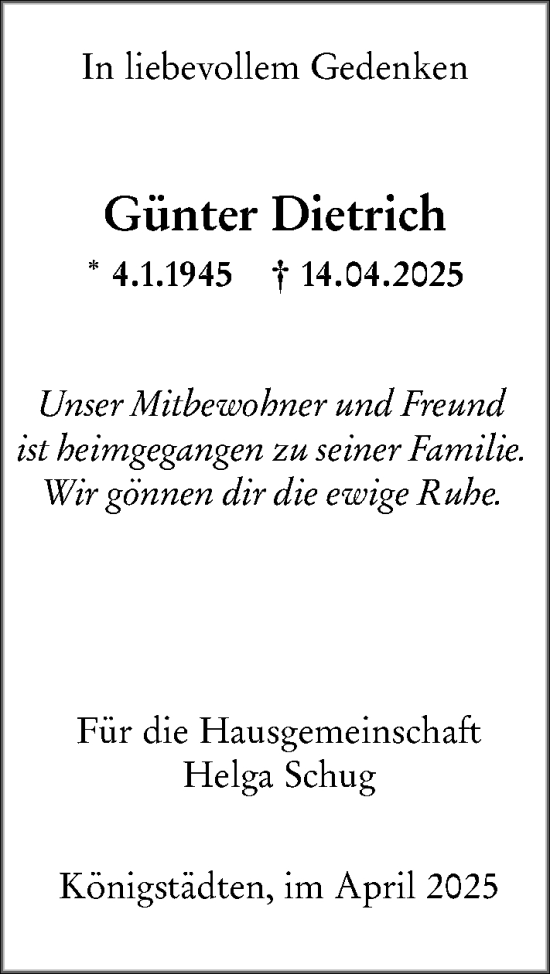Traueranzeige von Günter Dietrich von Rüsselsheimer Echo